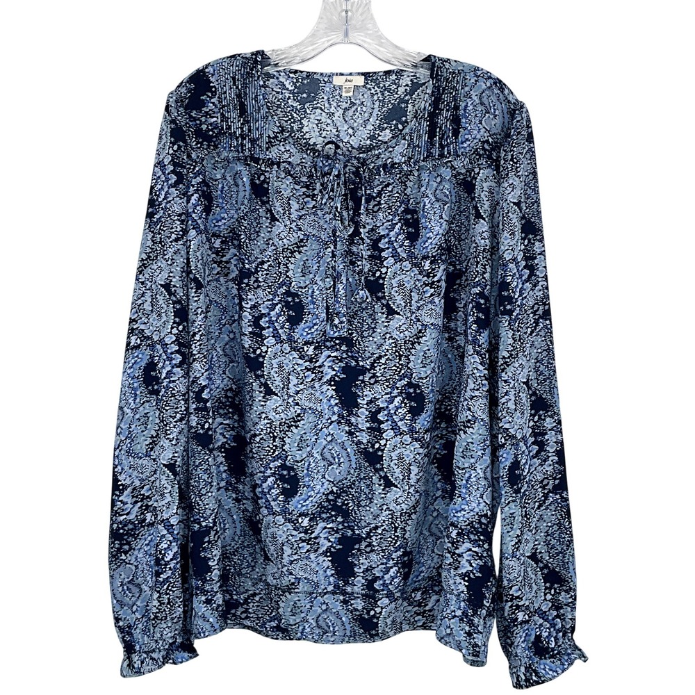 Joie Parisian Paisley Blue Split Neck Tie Blouse Womens XL Office Bohemian Flowy